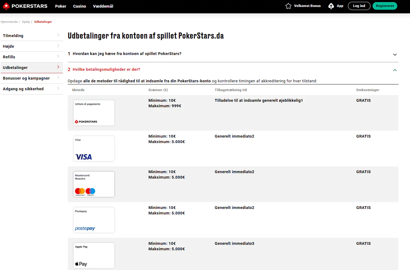 PokerStars betalingsside i Danmark med MobilePay, kort og andre indbetalingsmuligheder