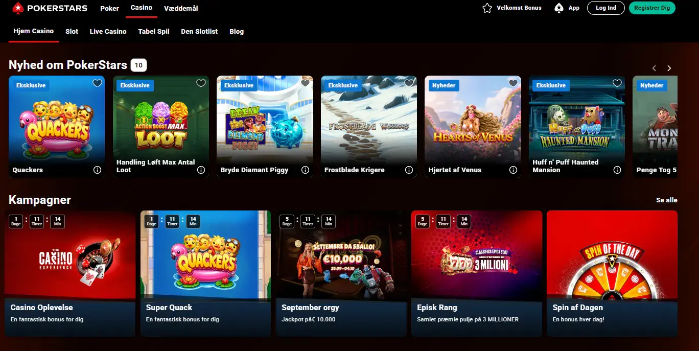 PokerStars Casino-spillobby i Danmark med kategorier og spil fra flere udbydere