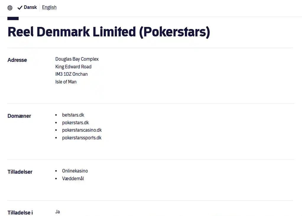 Spillemyndighedens registerside for REEL Denmark Limited og PokerStars