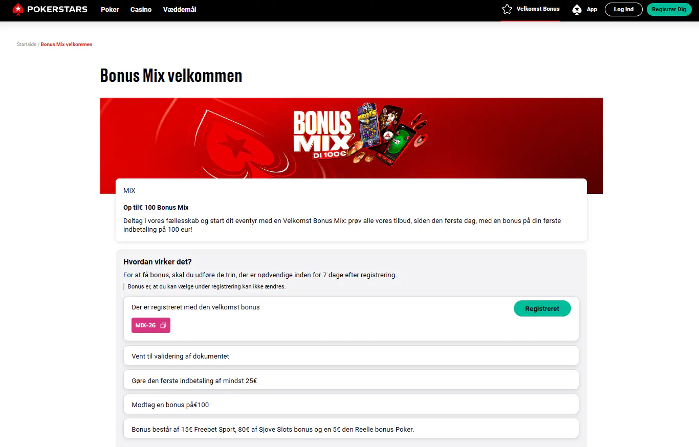 PokerStars' officielle danske DK100-tilbud med bonuskode og centrale vilkår