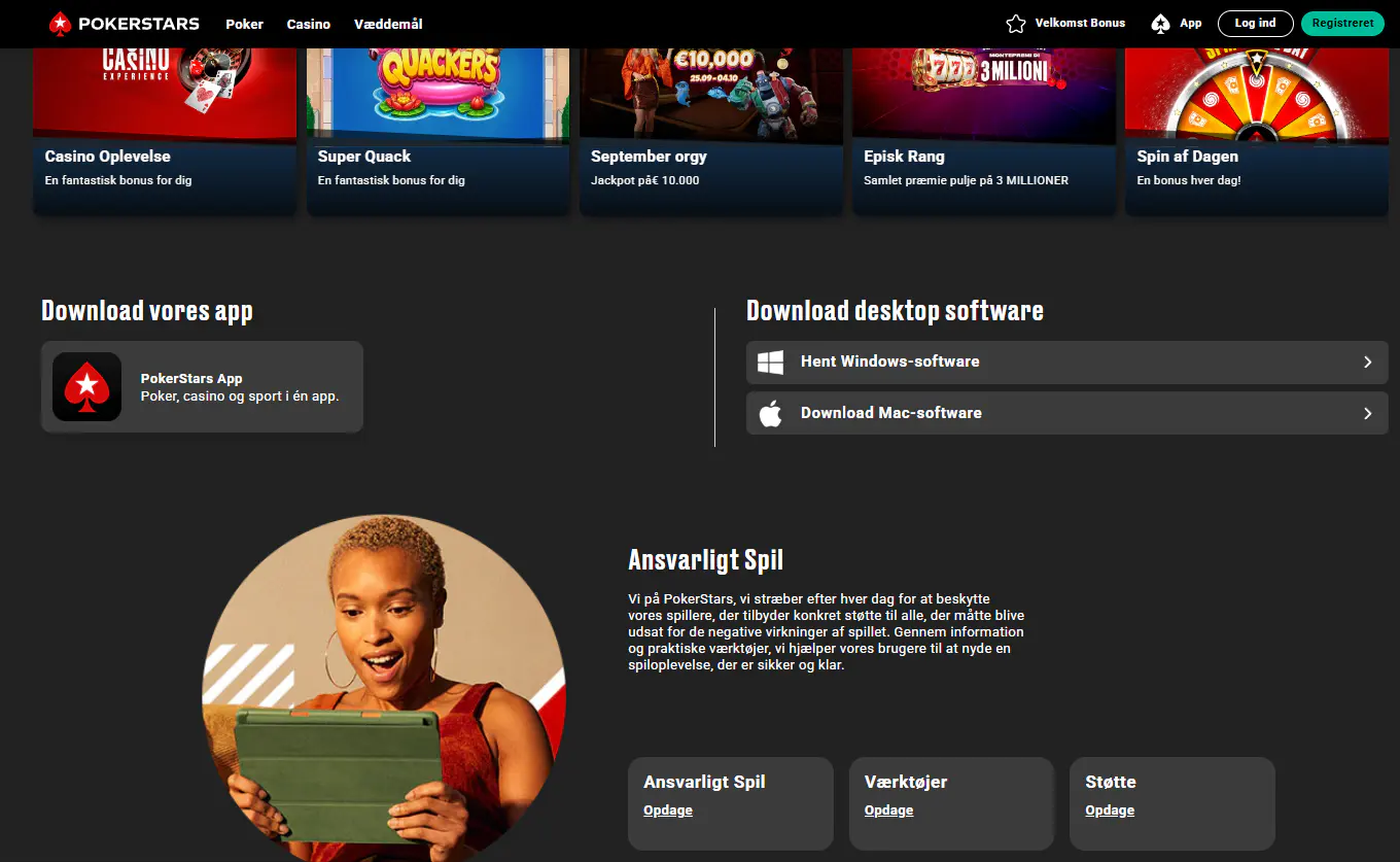 PokerStars officielle danske side med muligheder for casino-mobilprogram og webadgangadgang